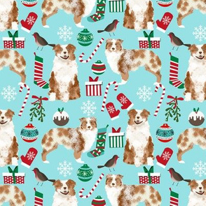 red merle aussie fabric - australian shepherd dog christmas fabric - light aqua