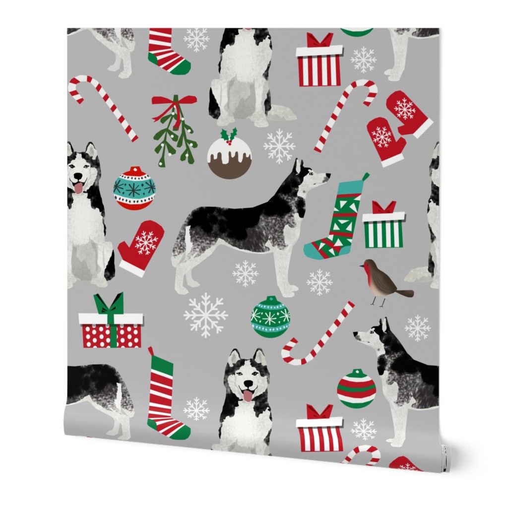 husky  christmas dog fabric cute huskies holiday dog christmas design - grey 