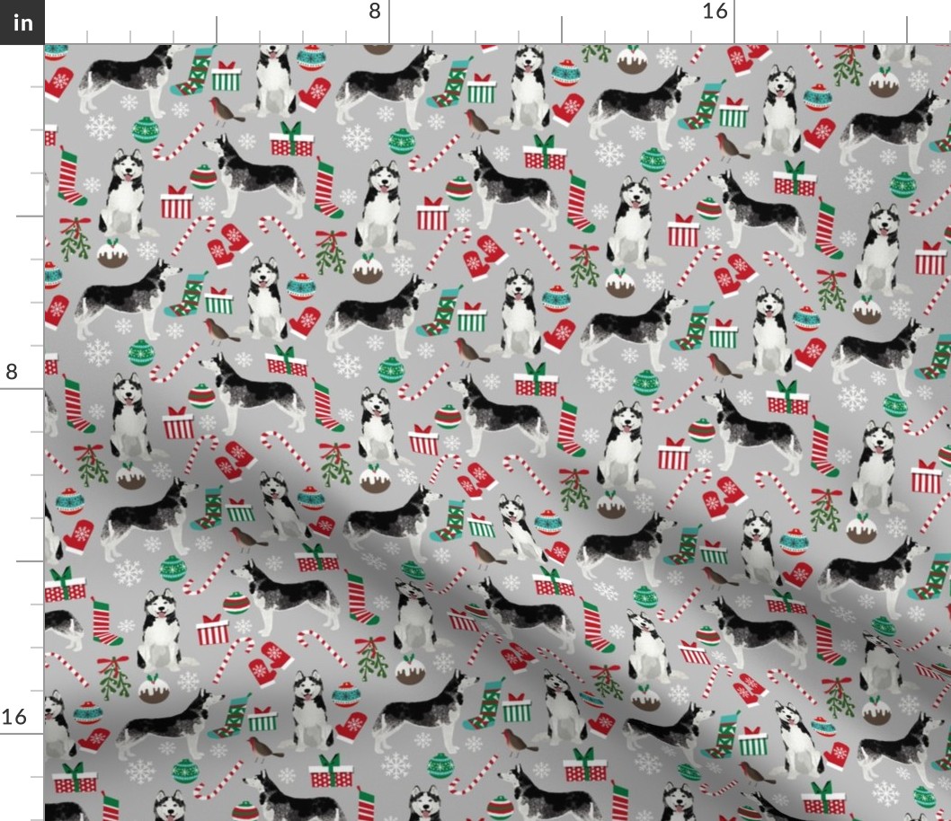 husky  christmas dog fabric cute huskies holiday dog christmas design - grey 