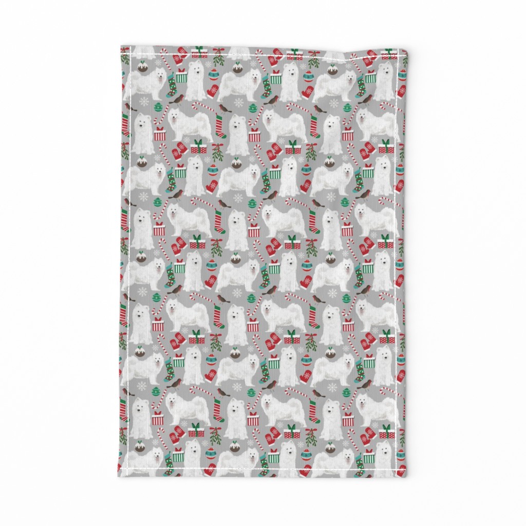 samoyed christmas dog fabric cute samoyeds holiday dog christmas design - grey