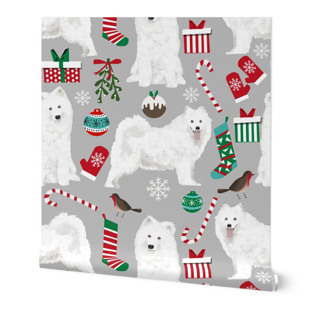 samoyed christmas dog fabric cute samoyeds holiday dog christmas design - grey