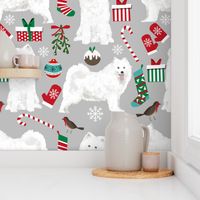 samoyed christmas dog fabric cute samoyeds holiday dog christmas design - grey