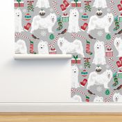 samoyed christmas dog fabric cute samoyeds holiday dog christmas design - grey