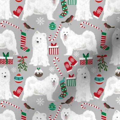 samoyed christmas dog fabric cute samoyeds holiday dog christmas design - grey
