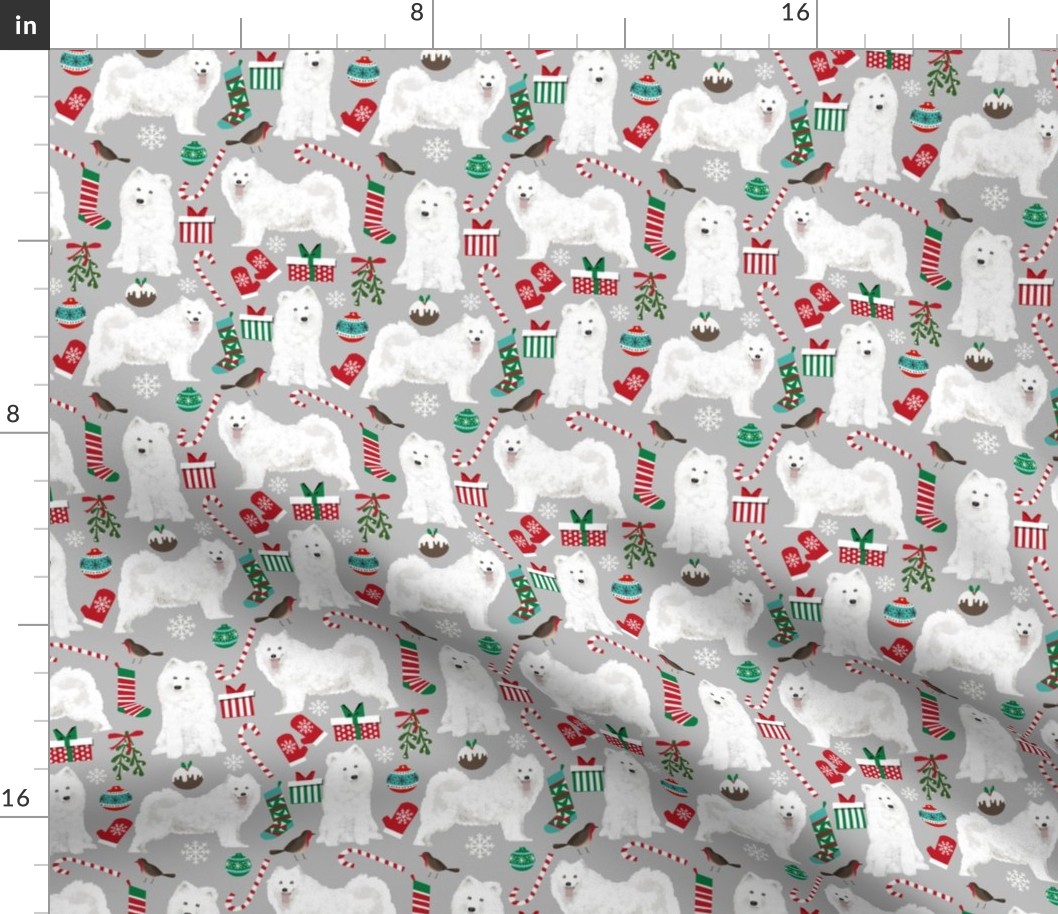 samoyed christmas dog fabric cute samoyeds holiday dog christmas design - grey