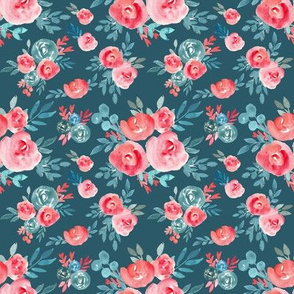 Vintage Pink Blue Watercolor Floral Bouquet on Dark Blue