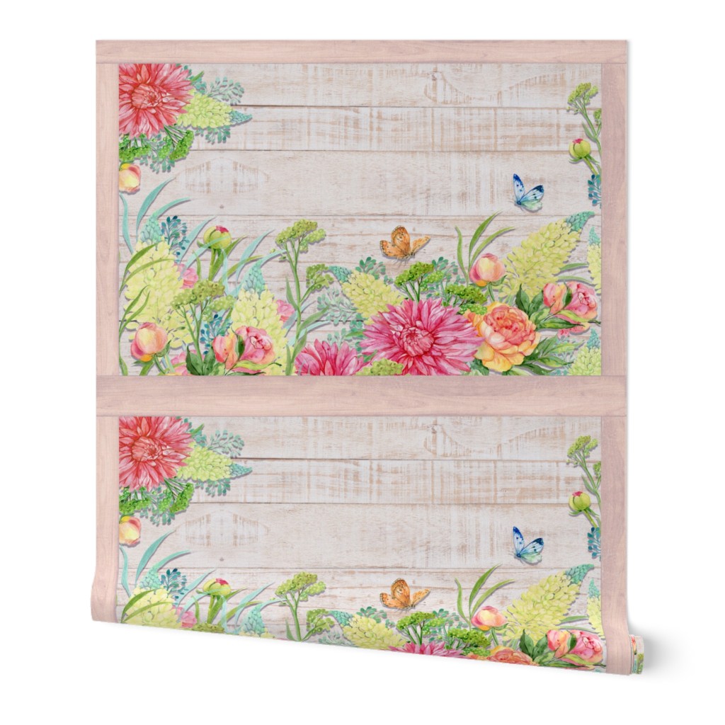 PLACEMAT TEA TOWEL PANEL FLOWERS ON WOOD HYDRANGEA PINK YELLOW FLOWERS BUTTERFLIES