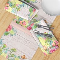 PLACEMAT TEA TOWEL PANEL FLOWERS ON WOOD HYDRANGEA PINK YELLOW FLOWERS BUTTERFLIES