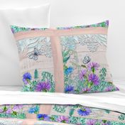 PLACEMAT TEA TOWEL PANEL FLOWERS ON WOOD HYDRANGEA BLUE PURPLE FLOWERS BUTTERFLY