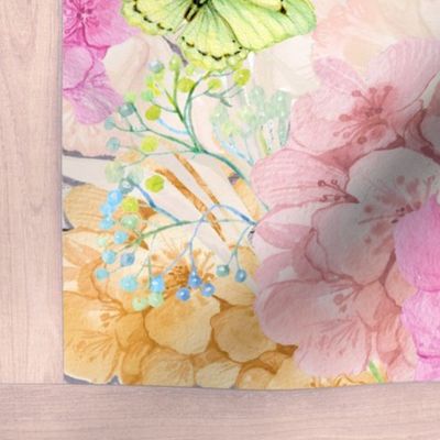 PLACEMAT TEA TOWEL PANEL FLOWERS ON WOOD BUTTERFLIES HYDRANGEA PINK