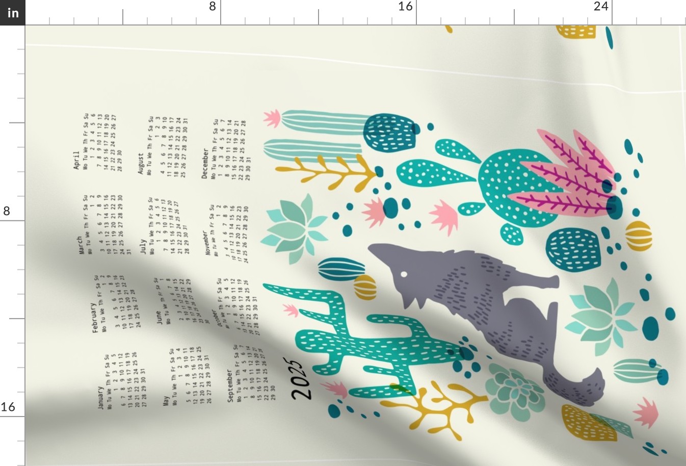 Wolf tea towel calendar 2024 teal/pink