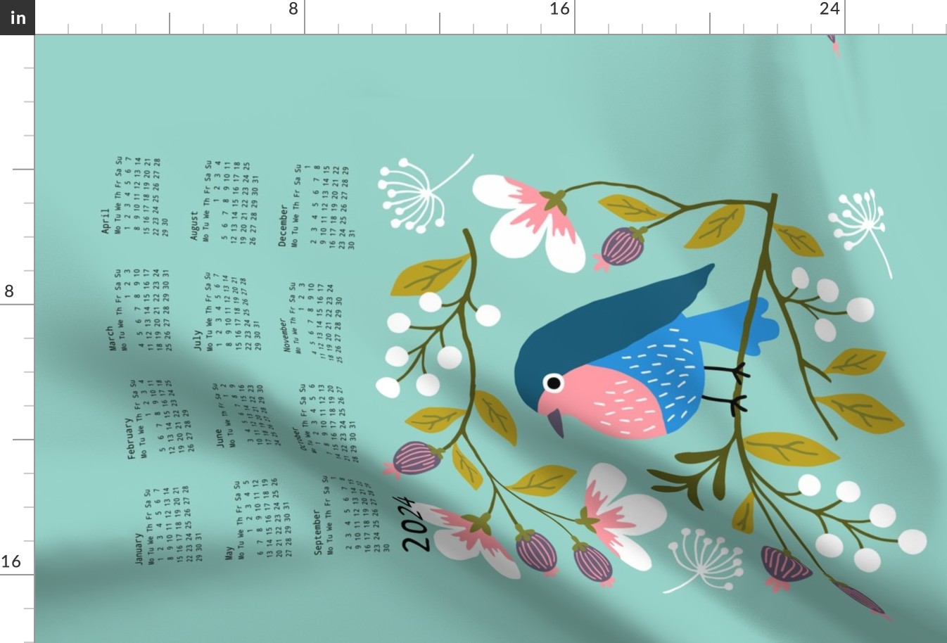 Robin Floral tea towel calendar 2024 Fabric Spoonflower