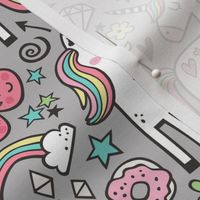 Unicorn & Hearts Rainbow  Love Valentine Doodle on Grey