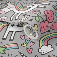 Unicorn & Hearts Rainbow  Love Valentine Doodle on Grey