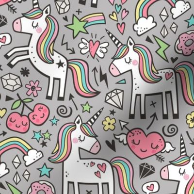 Unicorn & Hearts Rainbow  Love Valentine Doodle on Grey