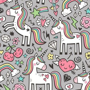 Unicorn & Hearts Rainbow  Love Valentine Doodle on Grey
