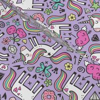 Unicorn & Pink Hearts Rainbow  Love Valentine Doodle on Purple Purpel