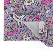 Unicorn & Pink Hearts Rainbow  Love Valentine Doodle on Purple Purpel