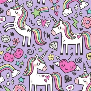 Unicorn & Pink Hearts Rainbow  Love Valentine Doodle on Purple Purpel
