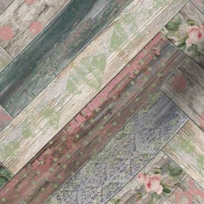 Vintage Wood Chevron Tiles Herringbone Pink Green