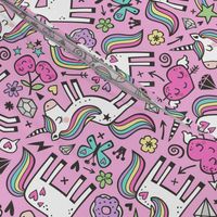 Unicorn & Pink Hearts Rainbow  Love Valentine Doodle on Magenta Pink