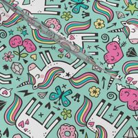 Unicorn & Hearts Rainbow  Love Valentine Doodle on Mint Green