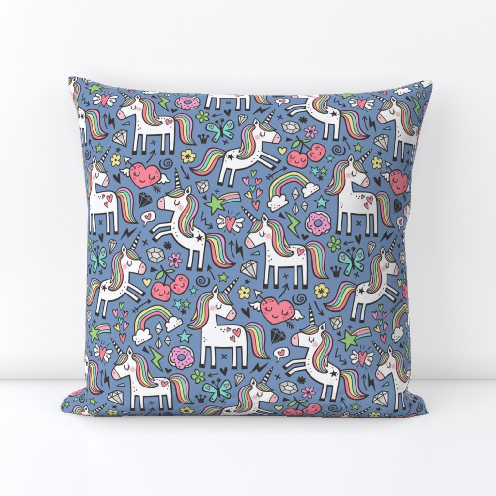 Unicorn & Hearts Rainbow  Love Valentine Doodle on Dark Blue Navy