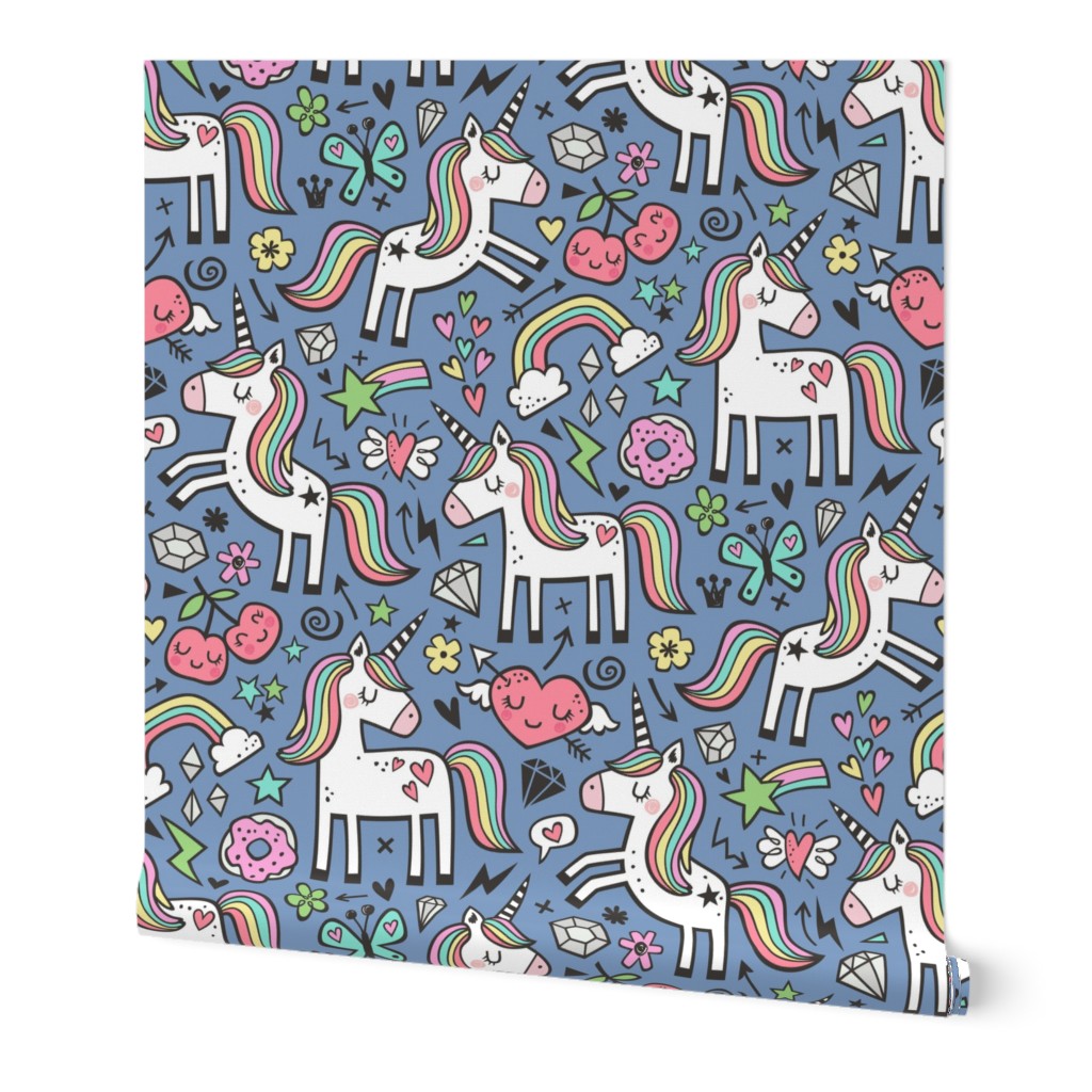 Unicorn & Hearts Rainbow  Love Valentine Doodle on Dark Blue Navy