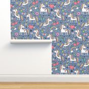 Unicorn & Hearts Rainbow  Love Valentine Doodle on Dark Blue Navy