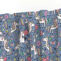 Unicorn & Hearts Rainbow  Love Valentine Doodle on Dark Blue Navy