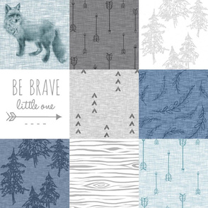 Be Brave Little One Quilt - whit, grey and blues - fox,arrows, Woodland forest, woodgrain