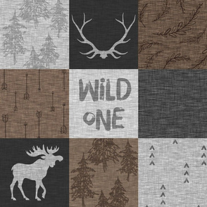 Wild One Quilt - Brown and Grey - bear, moose, antlers, woodland