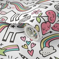 Unicorn & Hearts Rainbow  Love Valentine Doodle on White