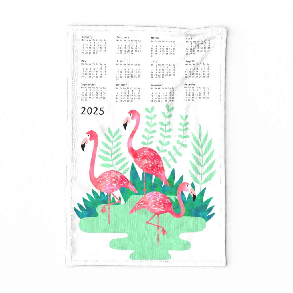 Flamingo watercolor tea towel calendar 2024 white