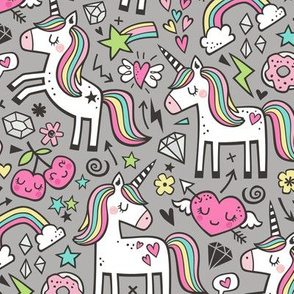 Unicorn & Pink Hearts Rainbow  Love Valentine Doodle on Grey