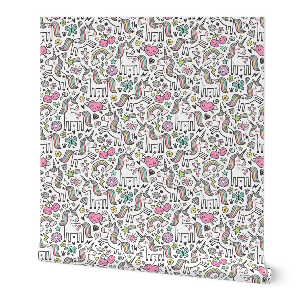 Unicorn & Pink Hearts Rainbow  Love Valentine Doodle on White