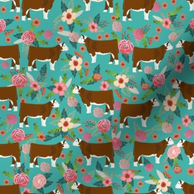 Hereford Cow farm floral fabric cattle teal