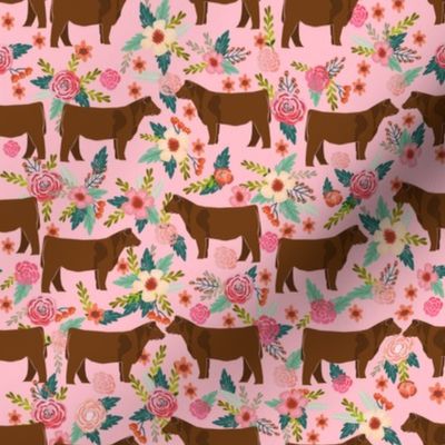 Red Angus cow floral fabric cattle breed pink