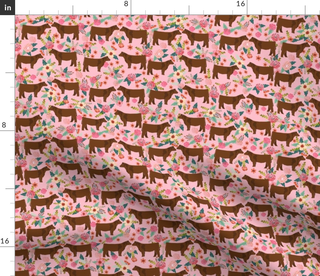 Red Angus cow floral fabric cattle breed pink