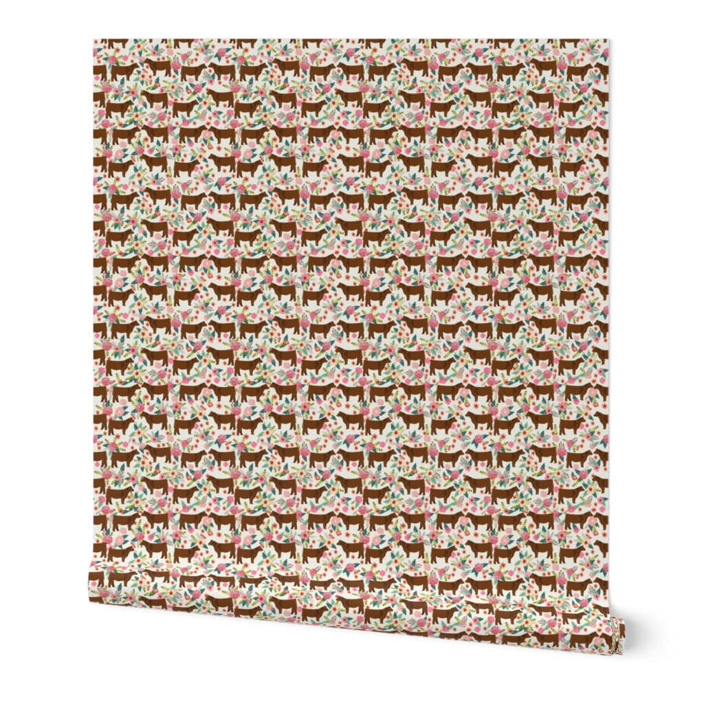 Red Angus cow floral fabric cattle breed cream
