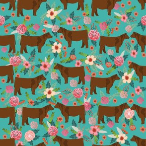 Red Angus cow floral fabric cattle breed teal