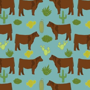 Red Angus cow breed cactus desert fabric teal