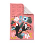 Toucan Floral tea towel calendar 2024 coral