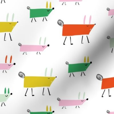 Dogs marching colourful pattern Larger Scale kids print illustration