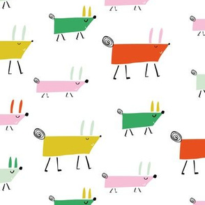 Dogs marching colourful pattern Larger Scale kids print illustration