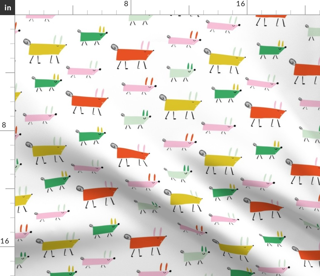 Dogs marching colourful pattern Larger Scale kids print illustration