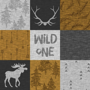 Wild One Quilt - gold, grey and black - moose, bear, antlers
