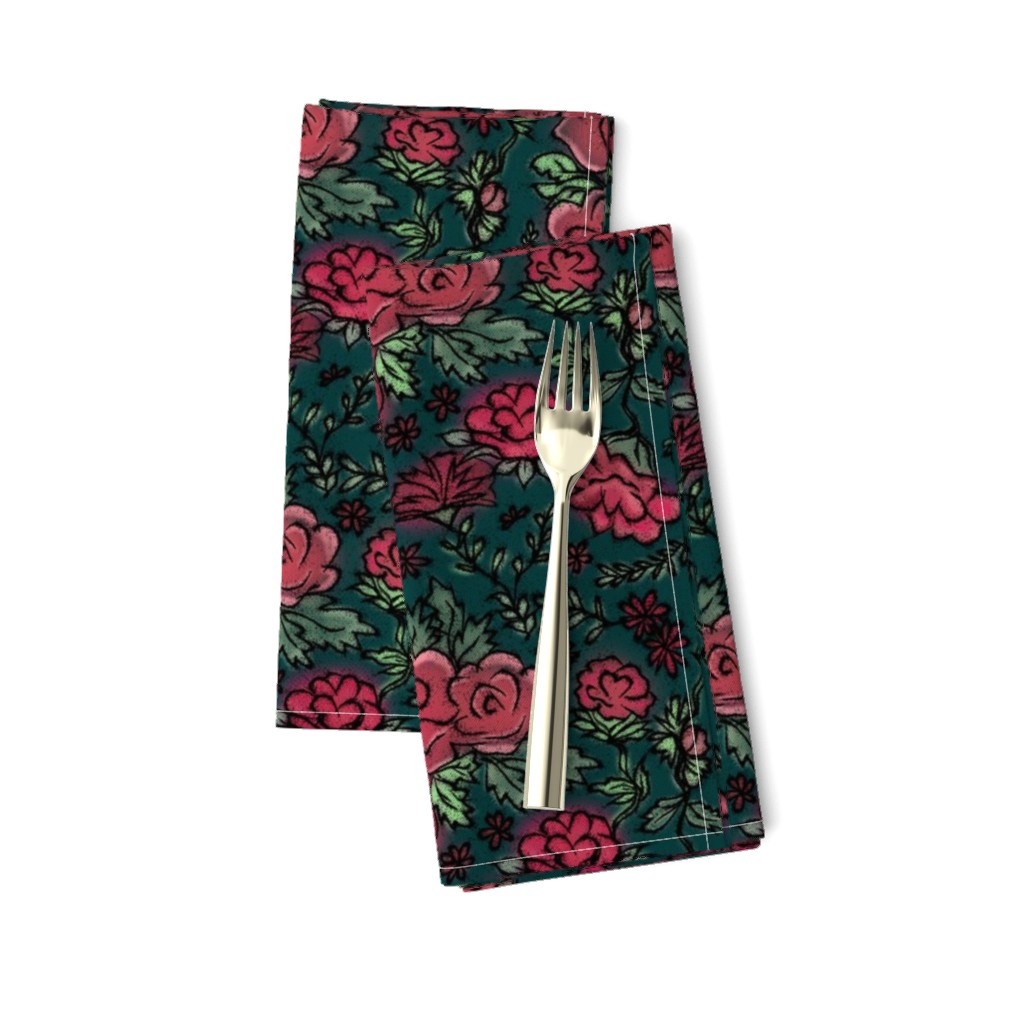 Red Cottage Rose on Dark Teal Green