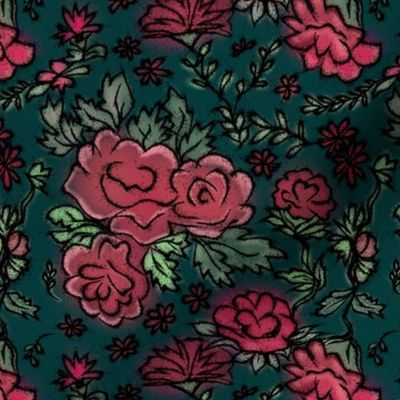 Red Cottage Rose on Dark Teal Green