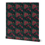 Red Cottage Rose on Dark Teal Green